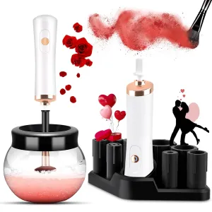 Makeup Brush Cleaner,Electric Makeup Brush Cleaner Machine with 8 Rubber Collars,Deep Cosmetic Automatic Brush Spinner for all brushes,Wash and Dry in Seconds (White)