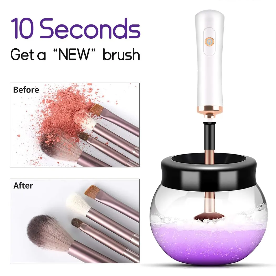 Makeup Brush Cleaner,Electric Makeup Brush Cleaner Machine with 8 Rubber Collars,Deep Cosmetic Automatic Brush Spinner for all brushes,Wash and Dry in Seconds (White)