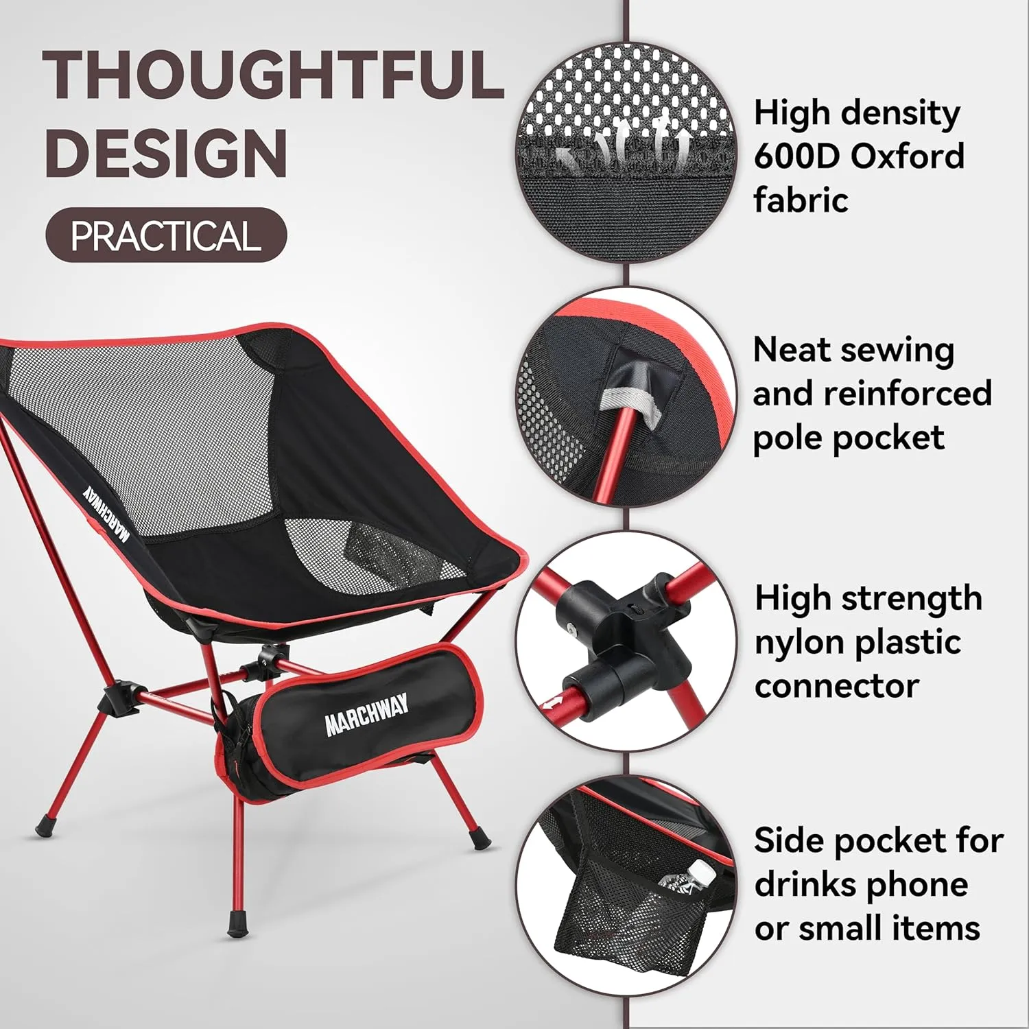 MARCHWAY Ultralight Folding Camping Chair, Heavy Duty Portable Compact for Outdoor Camp, Travel, Beach, Picnic, Festival, Hiking, Lightweight Backpacking (Red)