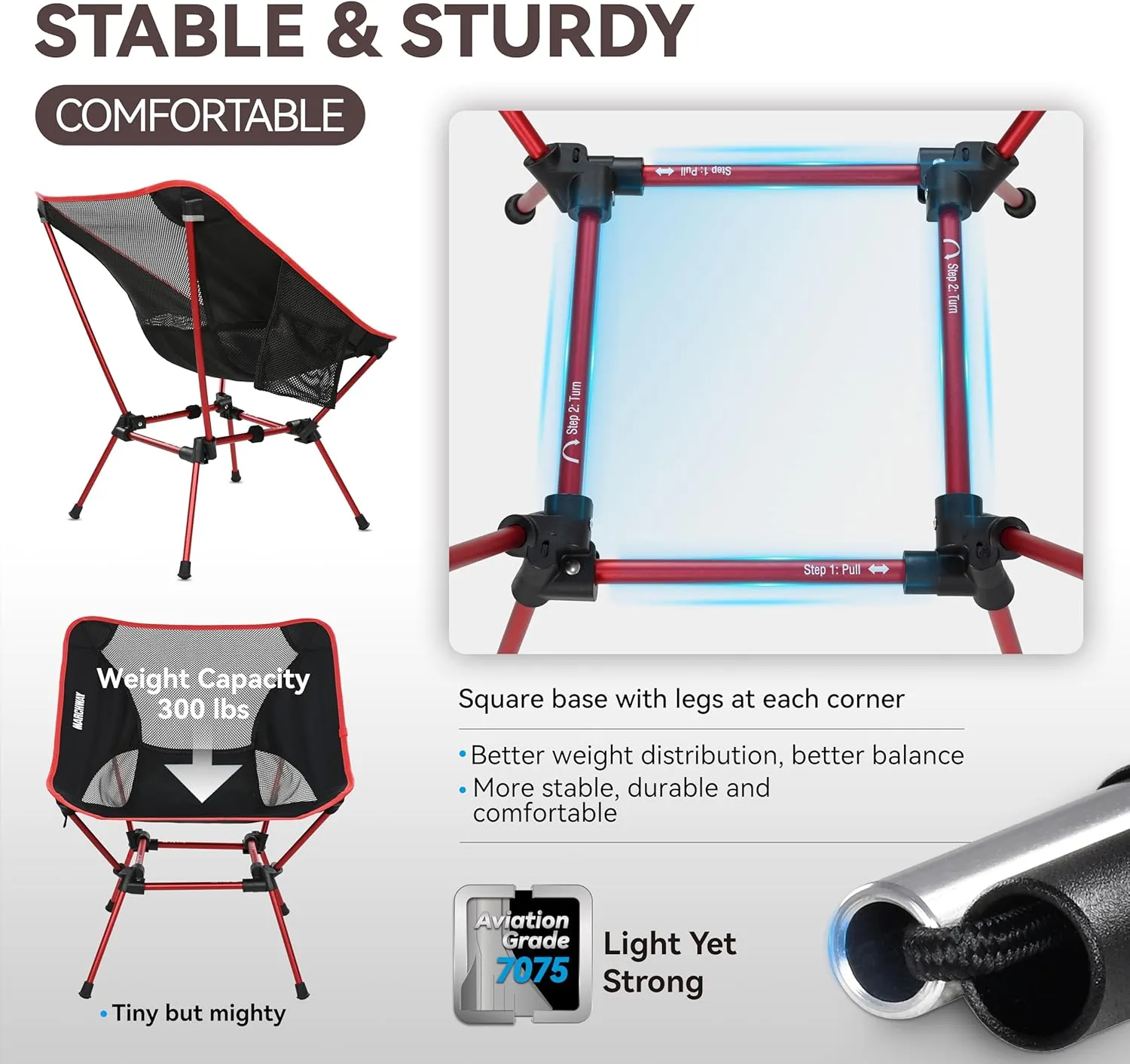 MARCHWAY Ultralight Folding Camping Chair, Heavy Duty Portable Compact for Outdoor Camp, Travel, Beach, Picnic, Festival, Hiking, Lightweight Backpacking (Red)