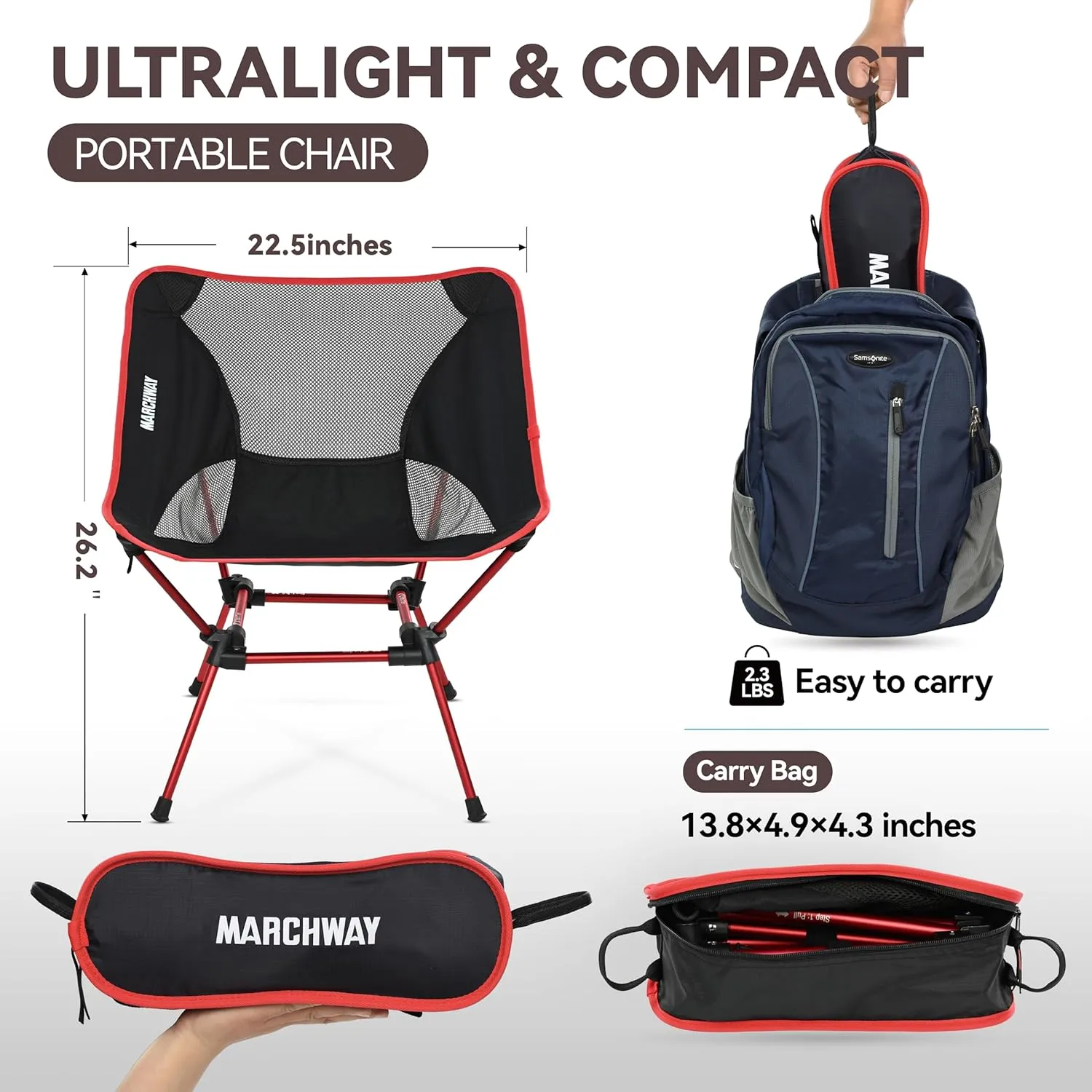 MARCHWAY Ultralight Folding Camping Chair, Heavy Duty Portable Compact for Outdoor Camp, Travel, Beach, Picnic, Festival, Hiking, Lightweight Backpacking (Red)