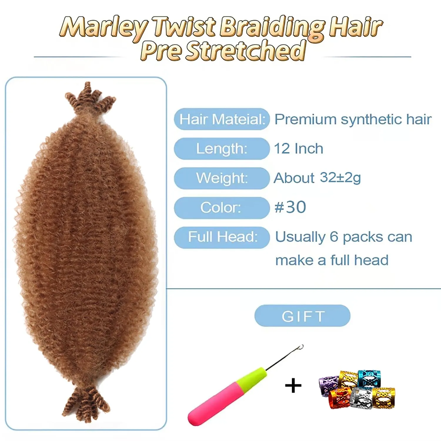 Marley Brown Spring Twist Hair Color 30 - Cuban Twist, Springy Afro, Faux Soft Locs, Butterfly Locs, Crochet, Passion Twist, Kinky Braids
