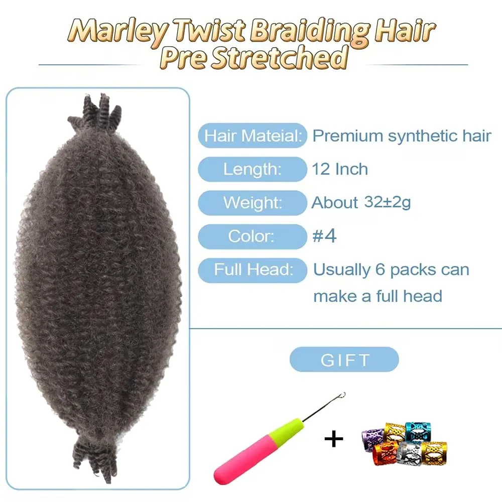 Marley Twist Braiding Hair 4# Marley Hair 12 Inch Afro Cuban Twist Hair for Spring Twist Hair Faux Locs Soft Locs Butterfly Locs Crochet Hair Passion Twist Hair Kinky Twist Braiding Hair Extensions