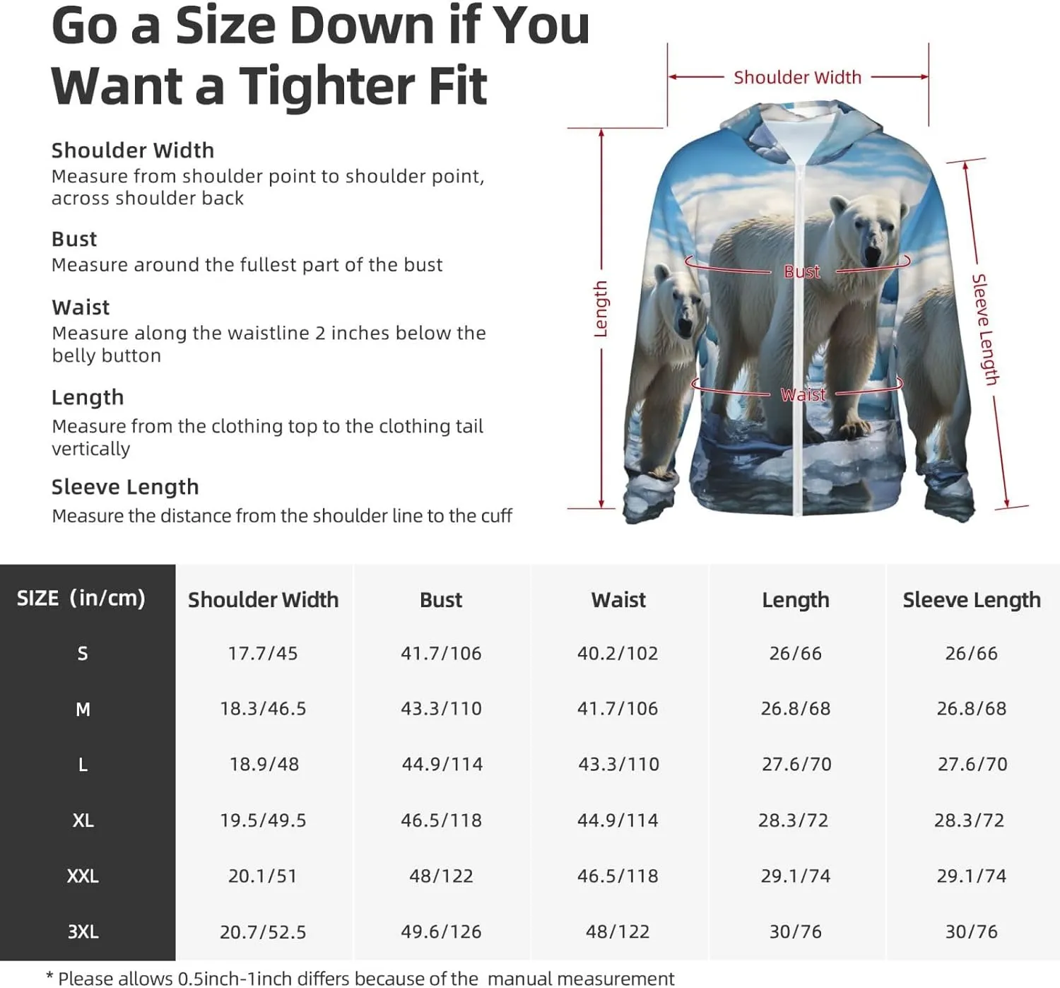 Men's Sun Protection Jacket UPF 50  Full Zipper Long Sleeve UV Hoodie Shirt Polar Bear Ice Women's Outdoor Jacket