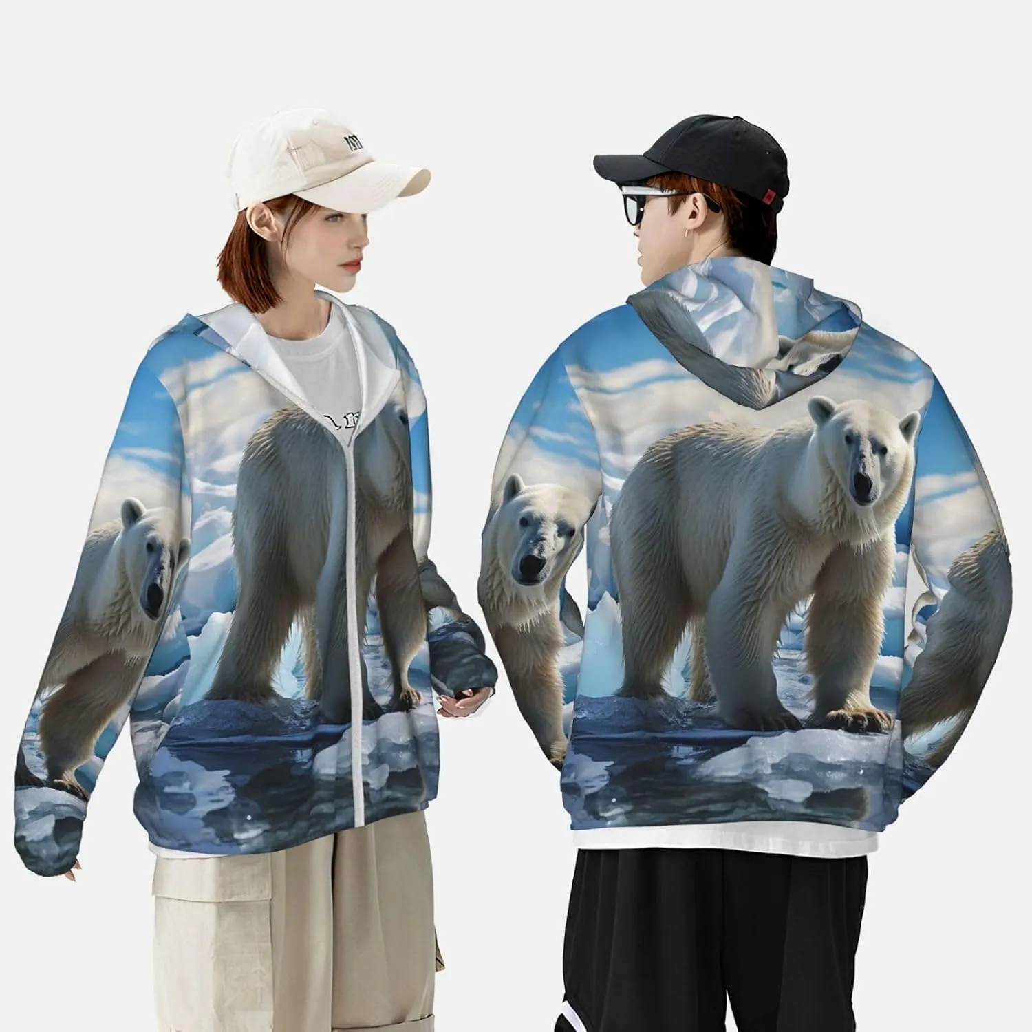 Men's Sun Protection Jacket UPF 50  Full Zipper Long Sleeve UV Hoodie Shirt Polar Bear Ice Women's Outdoor Jacket