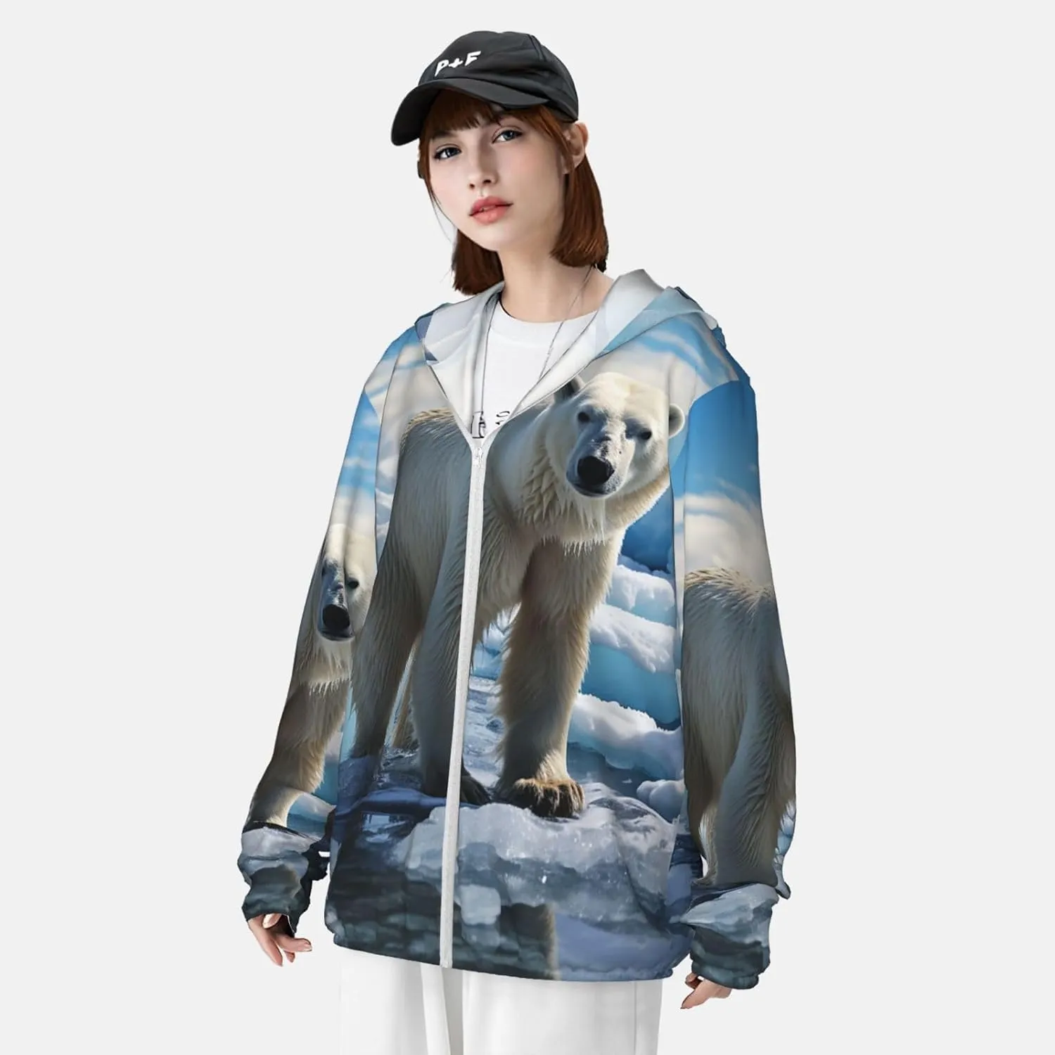 Men's Sun Protection Jacket UPF 50  Full Zipper Long Sleeve UV Hoodie Shirt Polar Bear Ice Women's Outdoor Jacket