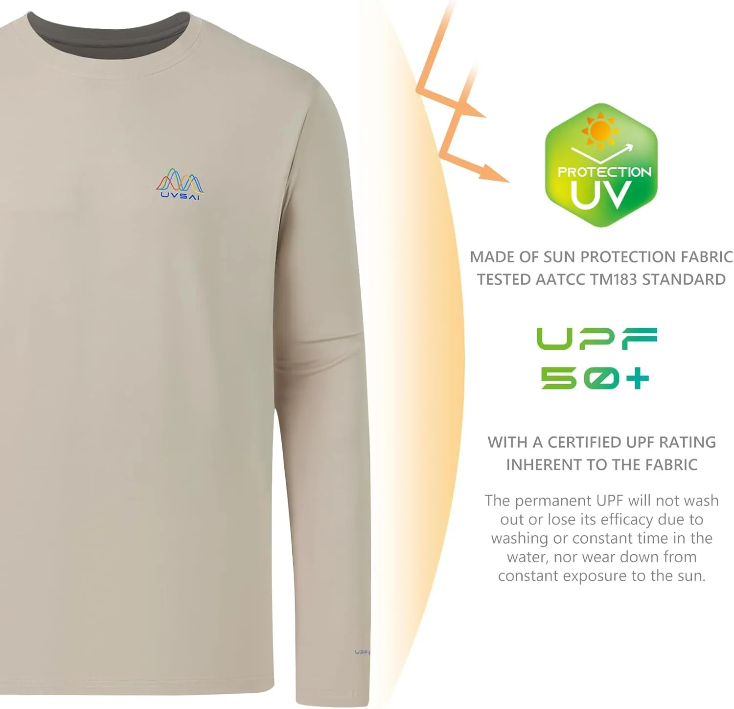 Men’s UPF 50  Long Sleeve Performance T-Shirts Permanent UV Protective Quick Dry for Everyday Hiking Fishing Beach