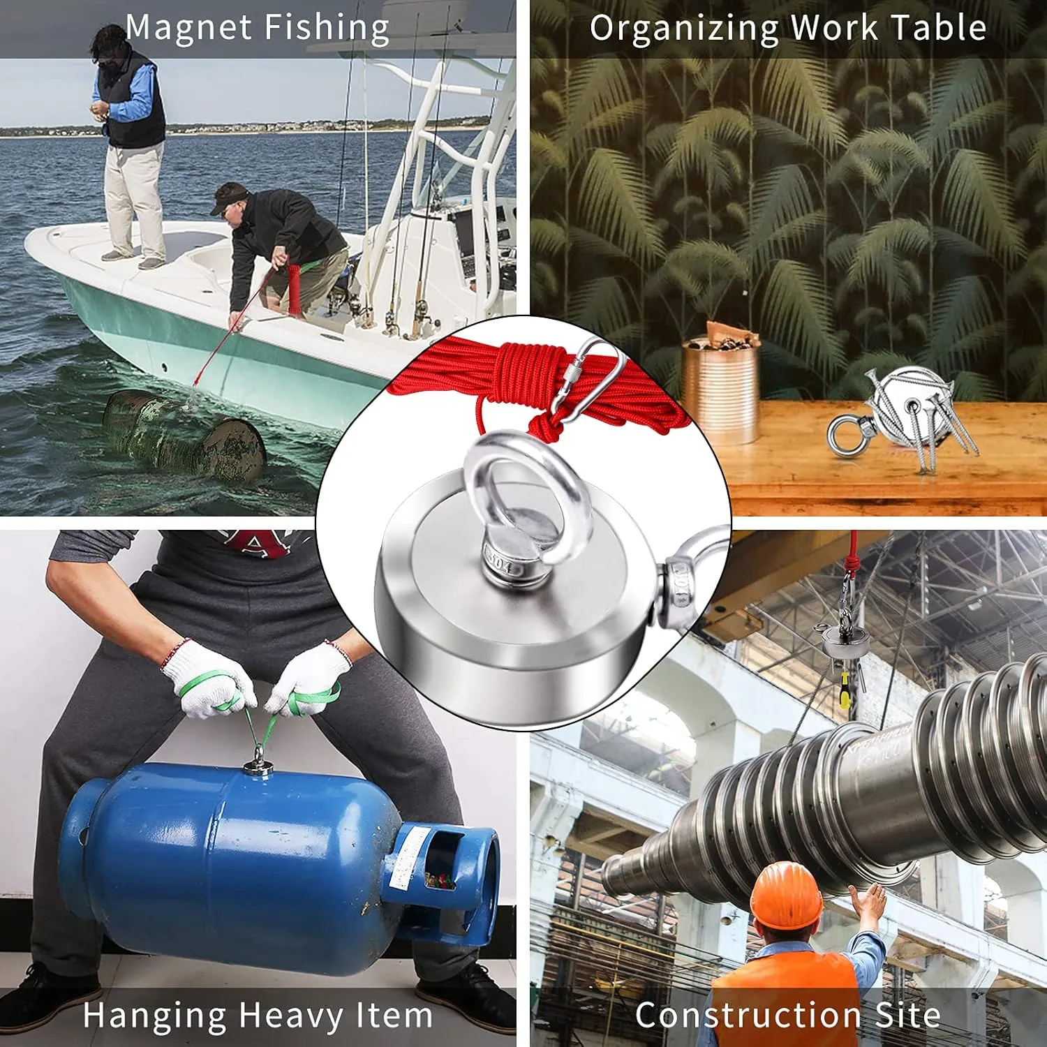 MIKEDE Double Sided Fishing Magnets Kit, Strong 1300Lbs Pulling Neodymuim Magnet Fishing with 65ft Rope, 2.95" Rare Earth Magnets with 2 Countersunk Hole for Magnetic Fishing and River Lake Hunting