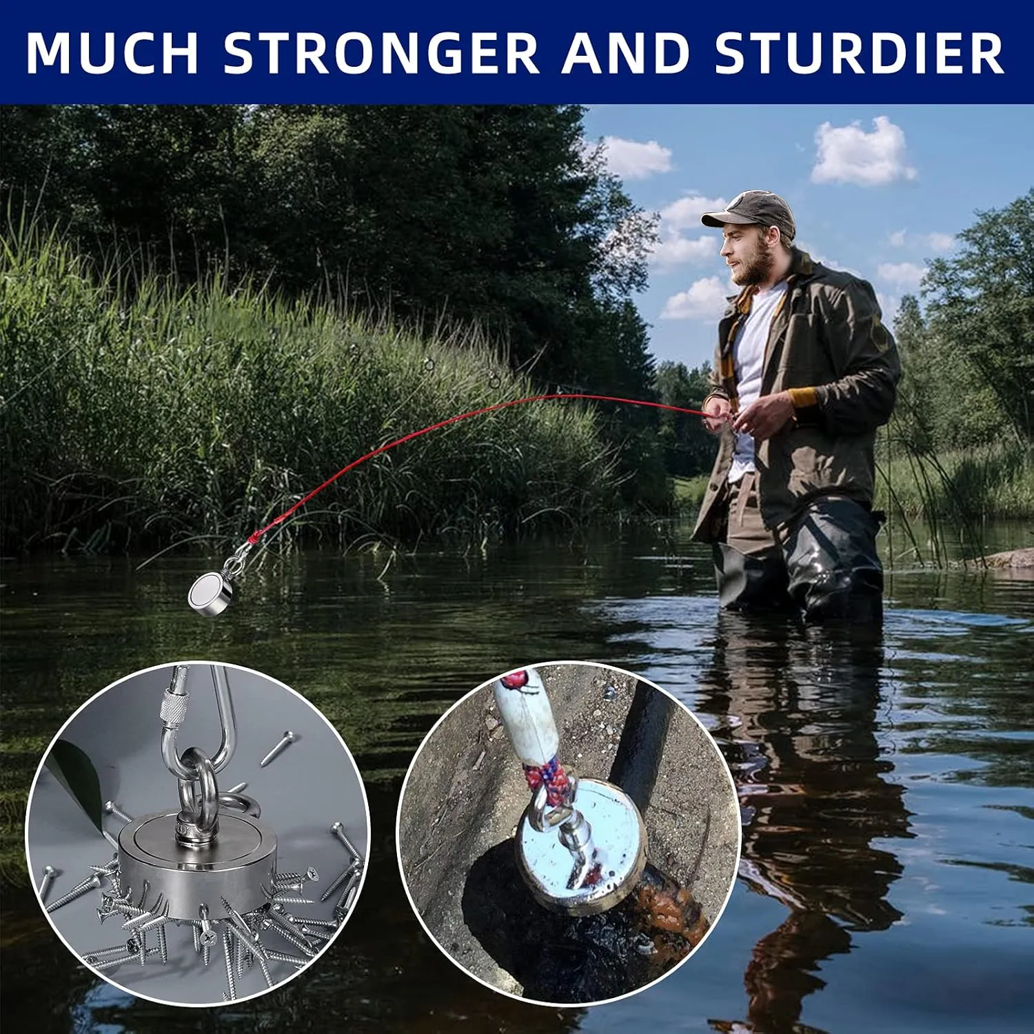 MIKEDE Double Sided Fishing Magnets Kit, Strong 1300Lbs Pulling Neodymuim Magnet Fishing with 65ft Rope, 2.95" Rare Earth Magnets with 2 Countersunk Hole for Magnetic Fishing and River Lake Hunting