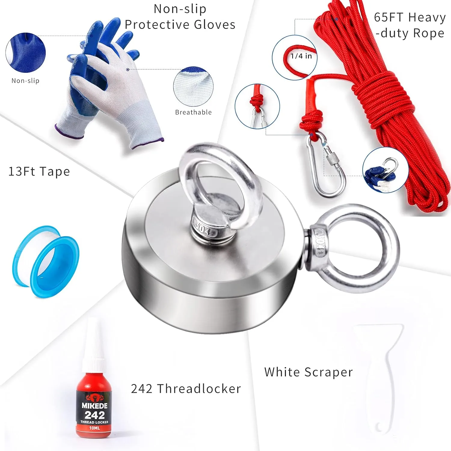 MIKEDE Double Sided Fishing Magnets Kit, Strong 1300Lbs Pulling Neodymuim Magnet Fishing with 65ft Rope, 2.95" Rare Earth Magnets with 2 Countersunk Hole for Magnetic Fishing and River Lake Hunting