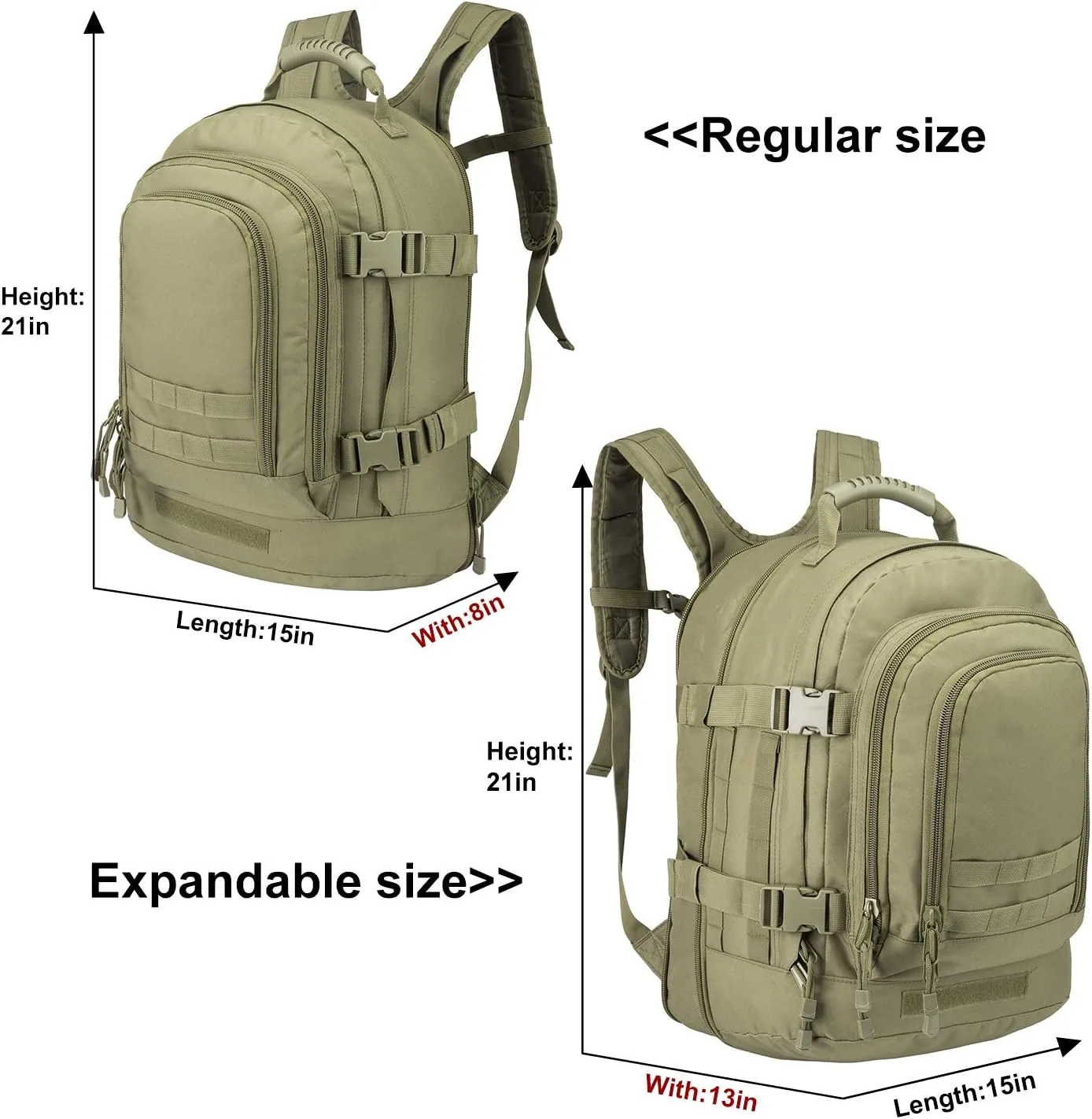 Military Outdoor Backpack Expandable Backpack Tactical Daypack With Waist Strap for Hiking Hunting Outdoor (Green)