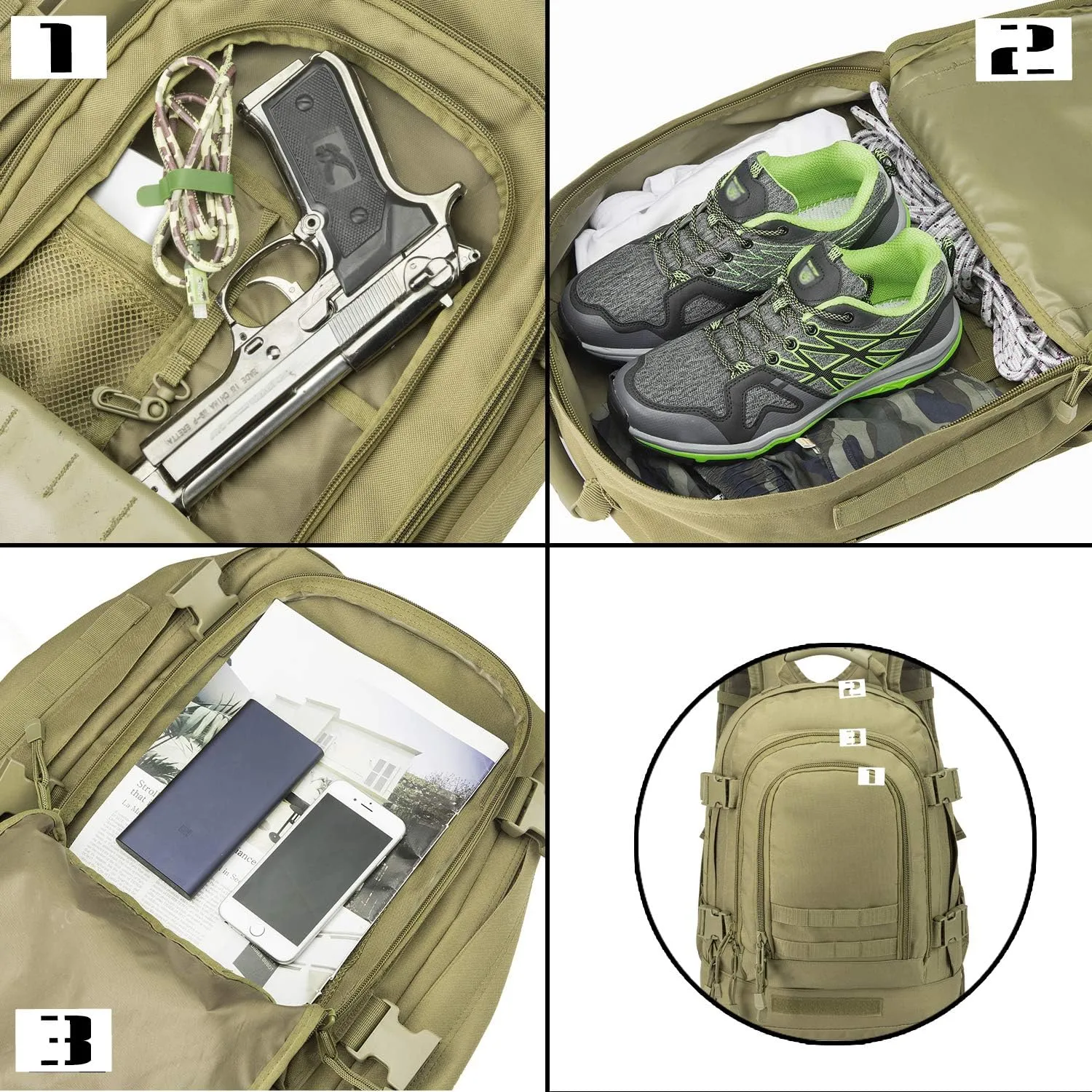 Military Outdoor Backpack Expandable Backpack Tactical Daypack With Waist Strap for Hiking Hunting Outdoor (Green)