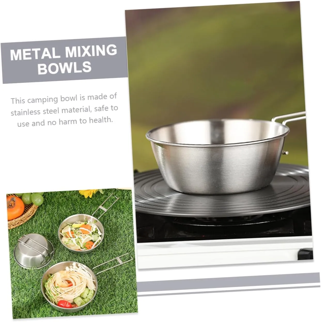 Mipcase 4sets Camping Mess Kit Portable Stainless Steel Bowls with Handles Collapsible Camping Bowl Metal Hiking Dish Set 3pcs*4