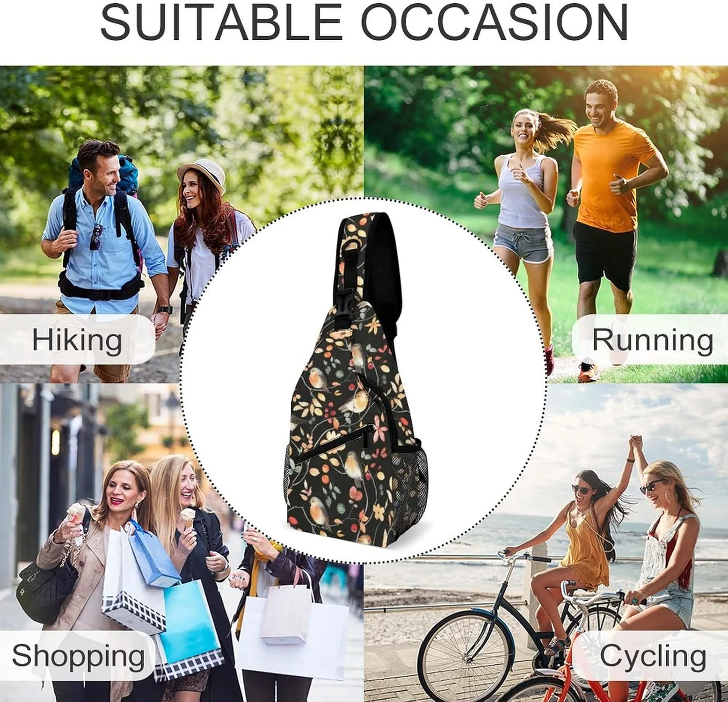 MoBlinko Sling Bag Autumn Birds Floral Women Crossbody Sling Backpack Chest Bag for Hiking Cycling Travel Gift