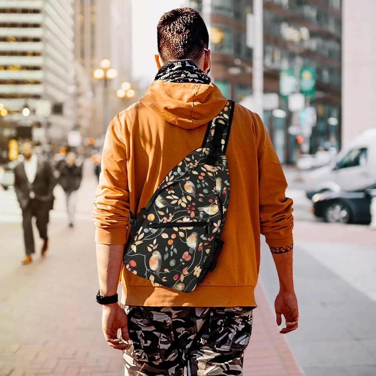 MoBlinko Sling Bag Autumn Birds Floral Women Crossbody Sling Backpack Chest Bag for Hiking Cycling Travel Gift