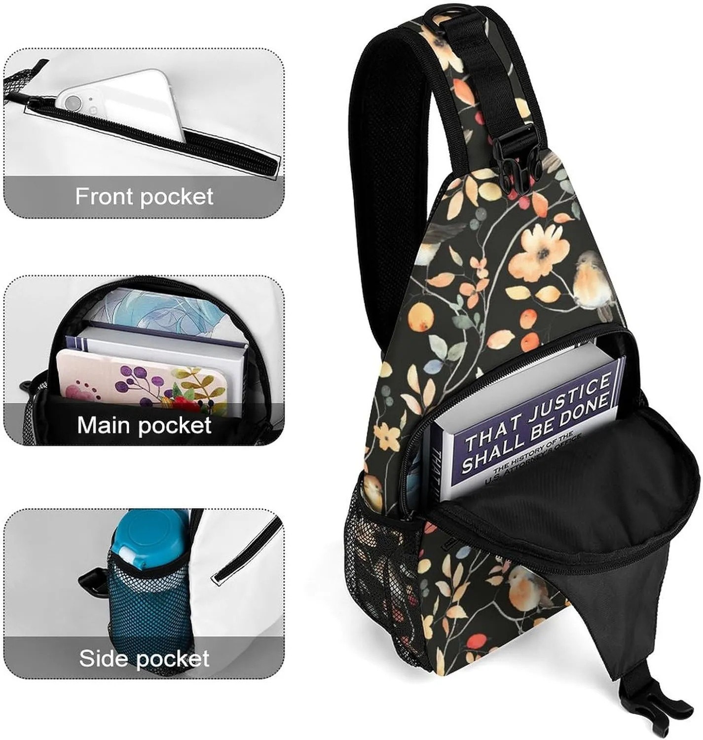 MoBlinko Sling Bag Autumn Birds Floral Women Crossbody Sling Backpack Chest Bag for Hiking Cycling Travel Gift