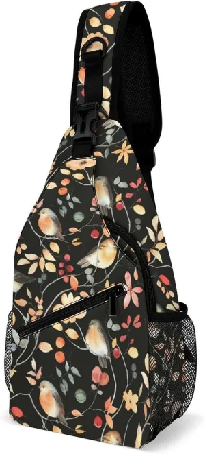 MoBlinko Sling Bag Autumn Birds Floral Women Crossbody Sling Backpack Chest Bag for Hiking Cycling Travel Gift
