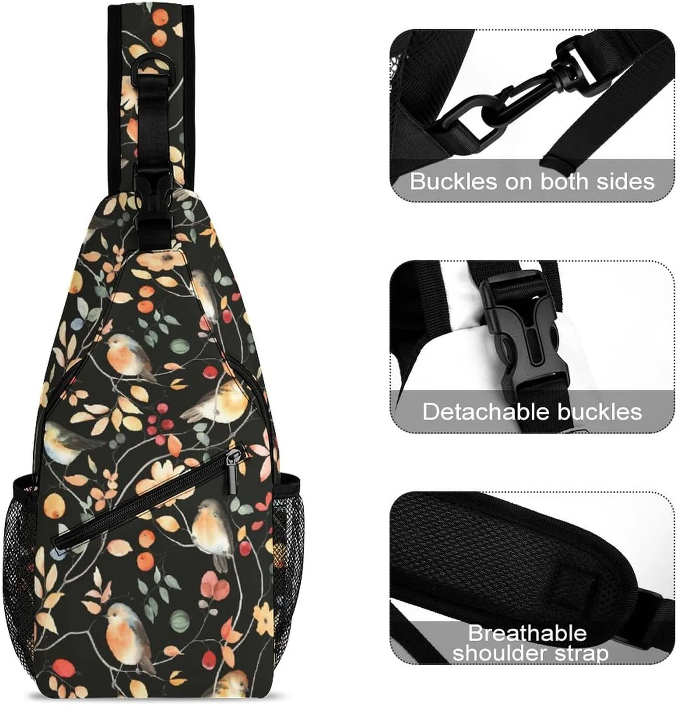 MoBlinko Sling Bag Autumn Birds Floral Women Crossbody Sling Backpack Chest Bag for Hiking Cycling Travel Gift