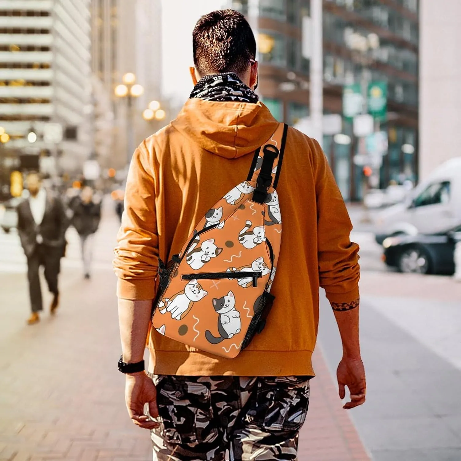 MoBlinko Sling Bag Cute Cartoon Cat Orange Women Crossbody Sling Backpack Chest Bag for Hiking Cycling Travel Gift