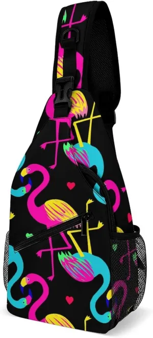 MoBlinko Sling Bag Glitter Flamingo Women Men Crossbody Sling Backpack Colorful Tropical Bird Adjustable Chest Shoulder Daypack Chest Bag for Hiking Cycling Travel Gift