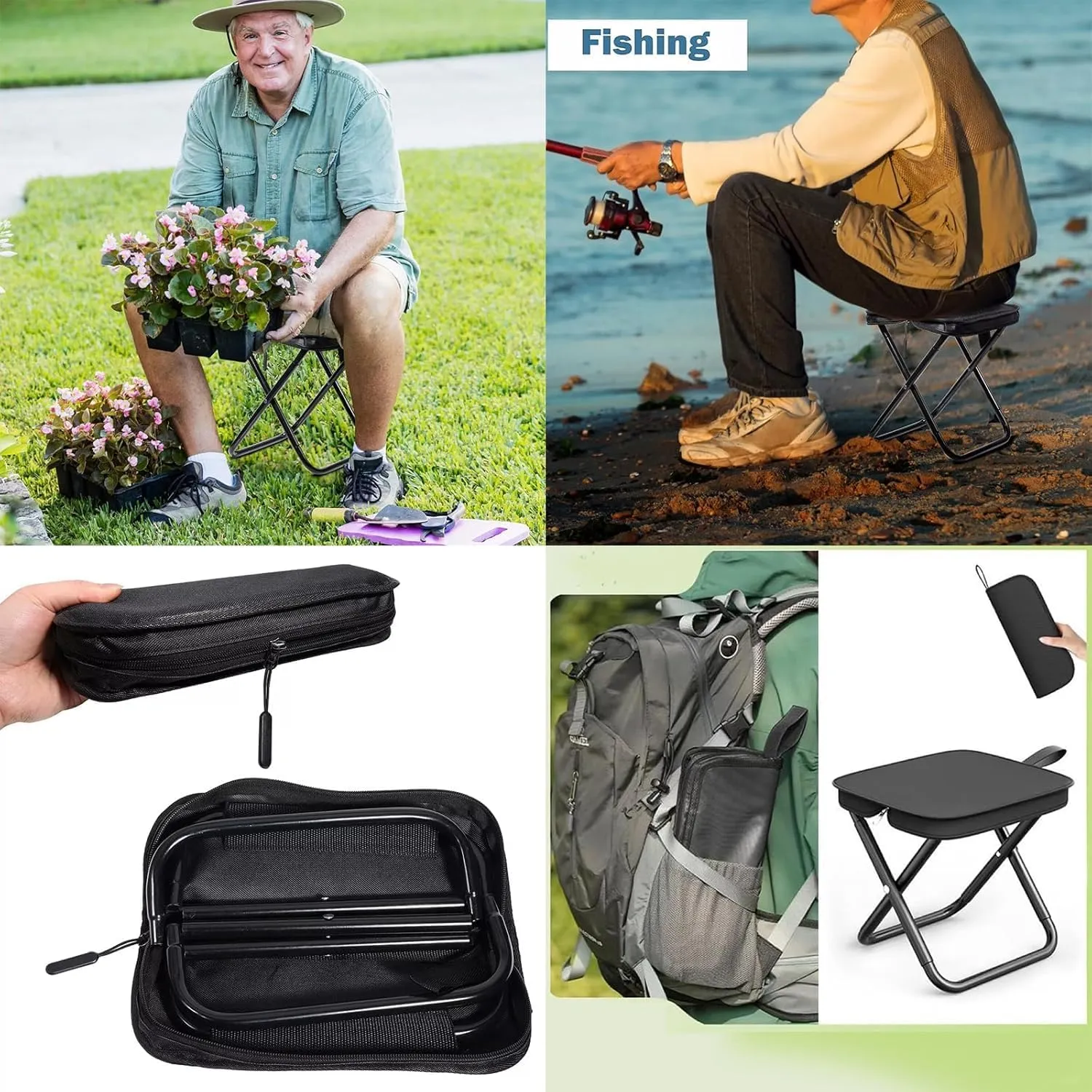 Mountaineering and Hiking Portable Stool,1.5Lbs Ultra Light Foldable Stool with Carry Bag Hold Up to 330 Lbs,Outdoor Chair with Pocket, Travel,Barbecue,Fishing,Beach,Picnic,Camping (Black)