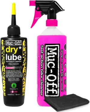 Muc-Off Nano Tech Bike Cleaner 1 liter & Bio Dry Chain Lube 120ml Bundle with Microfiber Towel | Ultimate Bike Cleaning & Lubrication Kit | Safe on All Surfaces | Wax-Based Lube for Dry Conditions