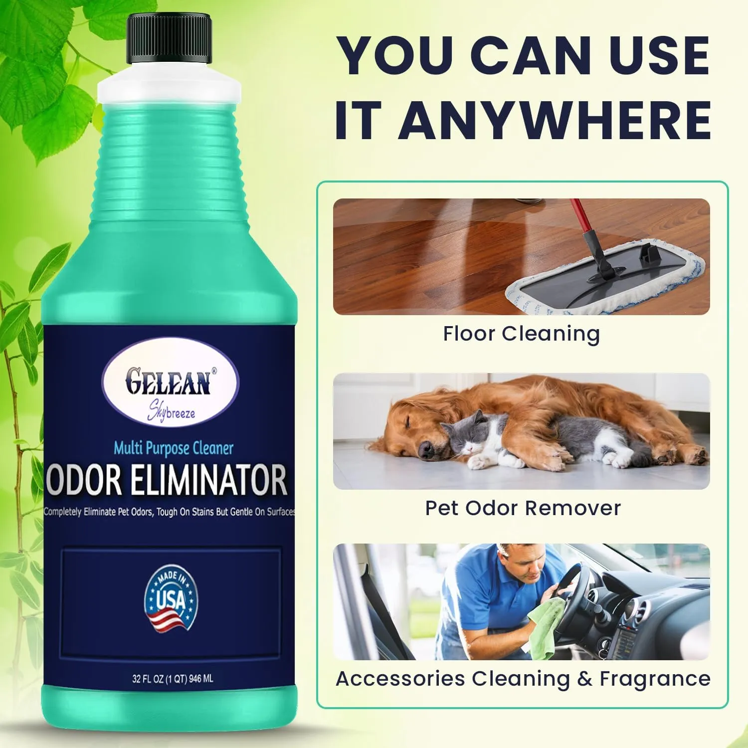 Multi Purpose Cleaner Odor eliminator for home - MADE IN USA - pH Neutral - Strong Odor Floor Cleaner - Cat and Dog Pee All Purpose Cleaner 32 oz - Sky Breeze