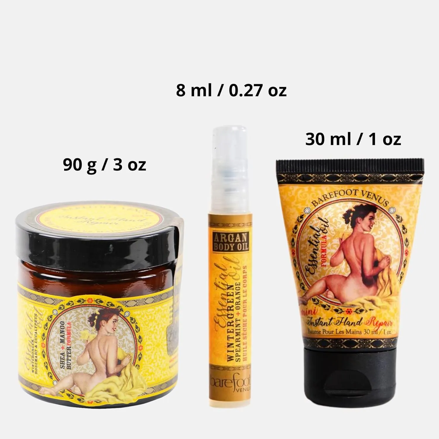 Mustard Bath Essential Oil Bundle: Instant Hand Repair (3 oz), Mini Instant Hand Repair (1 oz), Argan Body Oil (0.27 oz)