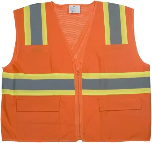 Mutual High Visibility Polyester ANSI Class 2 Surveyor Safety Vest with Pouch Pockets and 4" Silver/Orange Reflective Tape