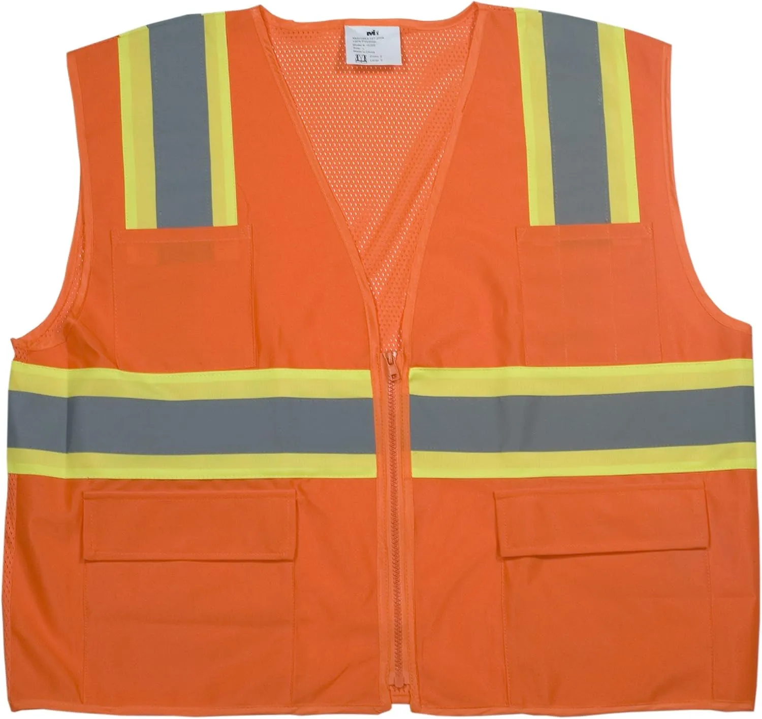 Mutual High Visibility Polyester ANSI Class 2 Surveyor Safety Vest with Pouch Pockets and 4" Silver/Orange Reflective Tape