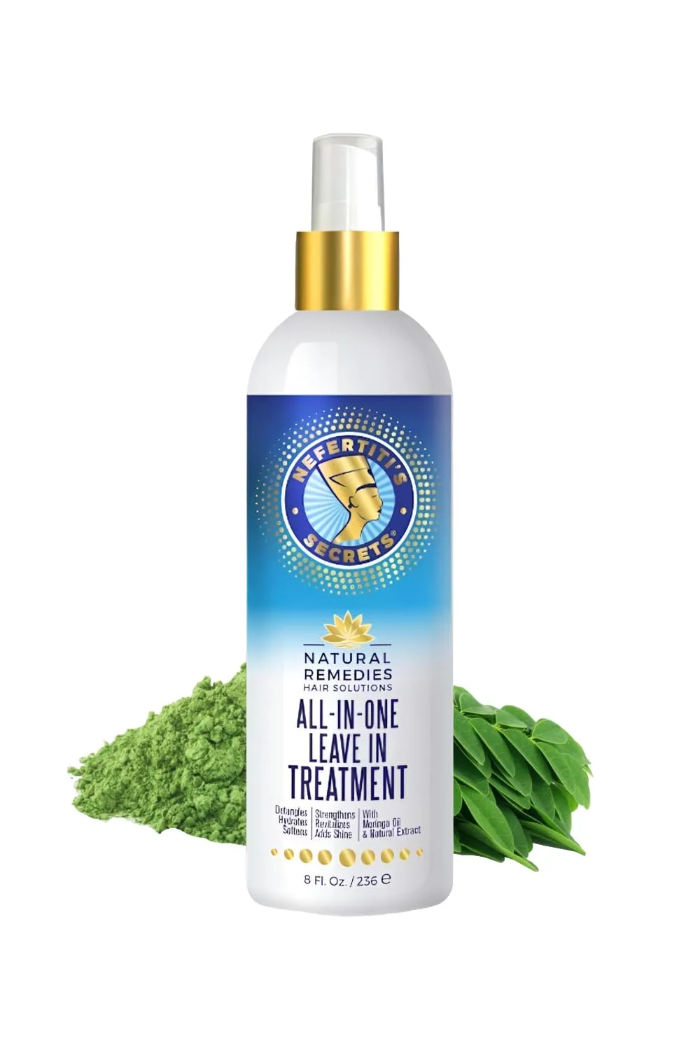 Nefertiti's Secrets All In One Leave-In Treatment, Moringa Oil & Rosemary Hair Conditioner, Strengthen & Stimulates, Heat Protection Spray For Hair Growth, Travel Size Moisturizer - 8 Oz / 236 ml