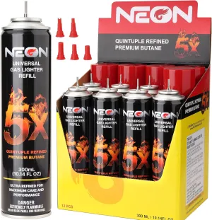 NEON Butane Fuel 300ml, 5X Premium Refined Butane Refill for Torch Lighter, 0 Impurities Lighter Fluid with Metal Nozzle & 5 Butane Gas Refill Adapters for Culinary, Welding, and DIY (12 Cans)