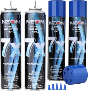 NEON Butane Refill, 300ml 7X Filtered Premium Butane Fuel, 4 Cans Pure Refined Lighter Fluid with 0 Impurities & 5 Different Nozzle Adapters for Refillable Lighters, Butane Torches, Kitchen Blow Torch