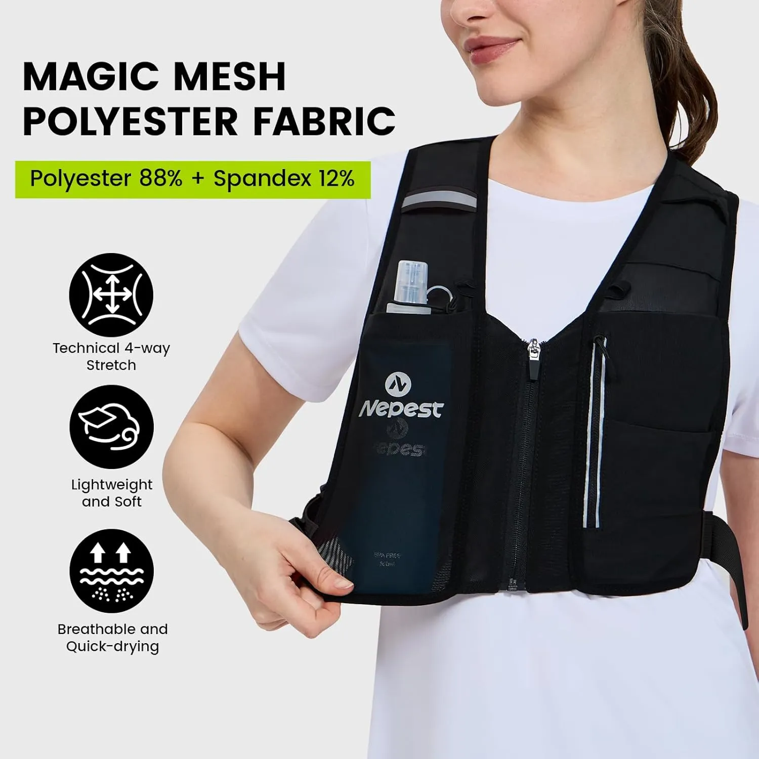 Nepest Running Vest for Women & Men, Cycling Hydration Vest with 500ml Soft Flask , Reflective Vest with Stretch Fit Fabric