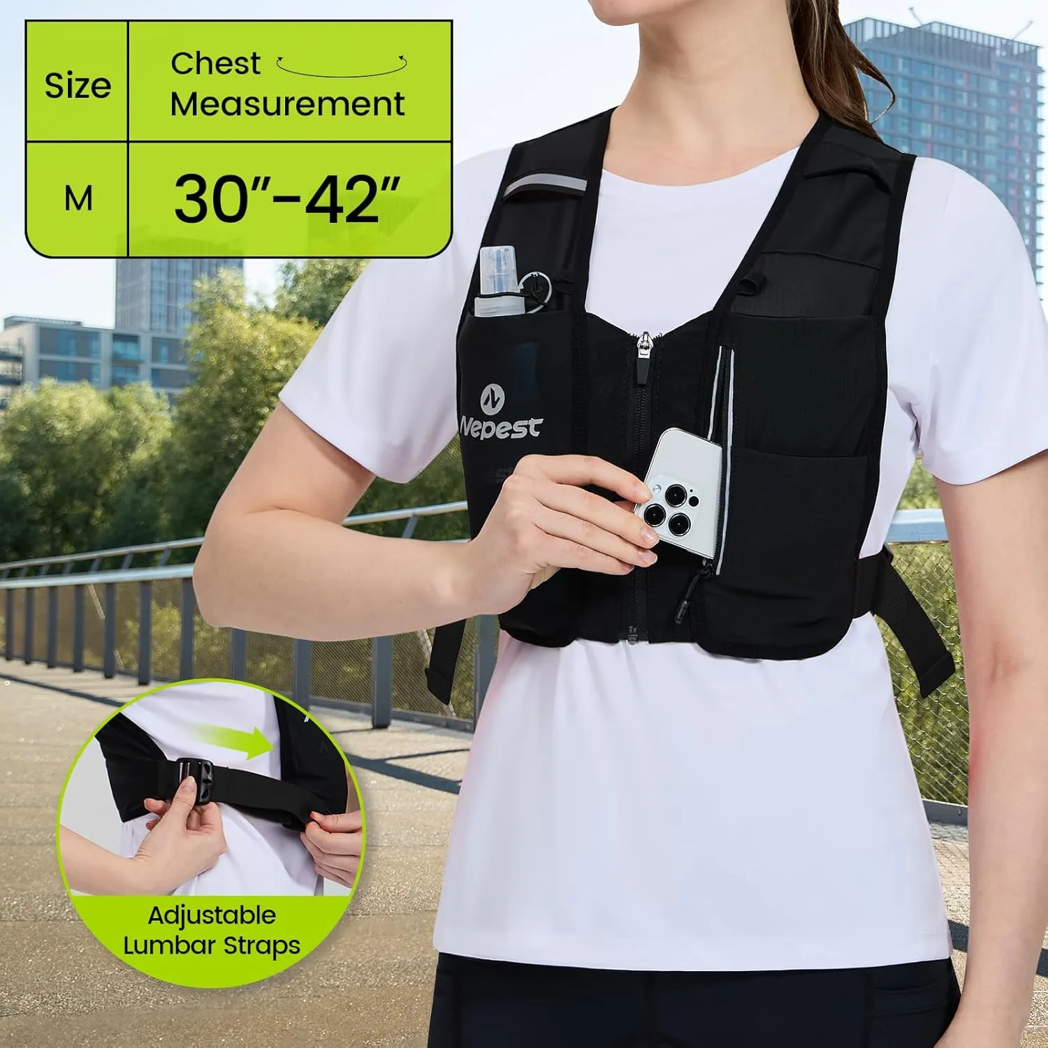 Nepest Running Vest for Women & Men, Cycling Hydration Vest with 500ml Soft Flask , Reflective Vest with Stretch Fit Fabric