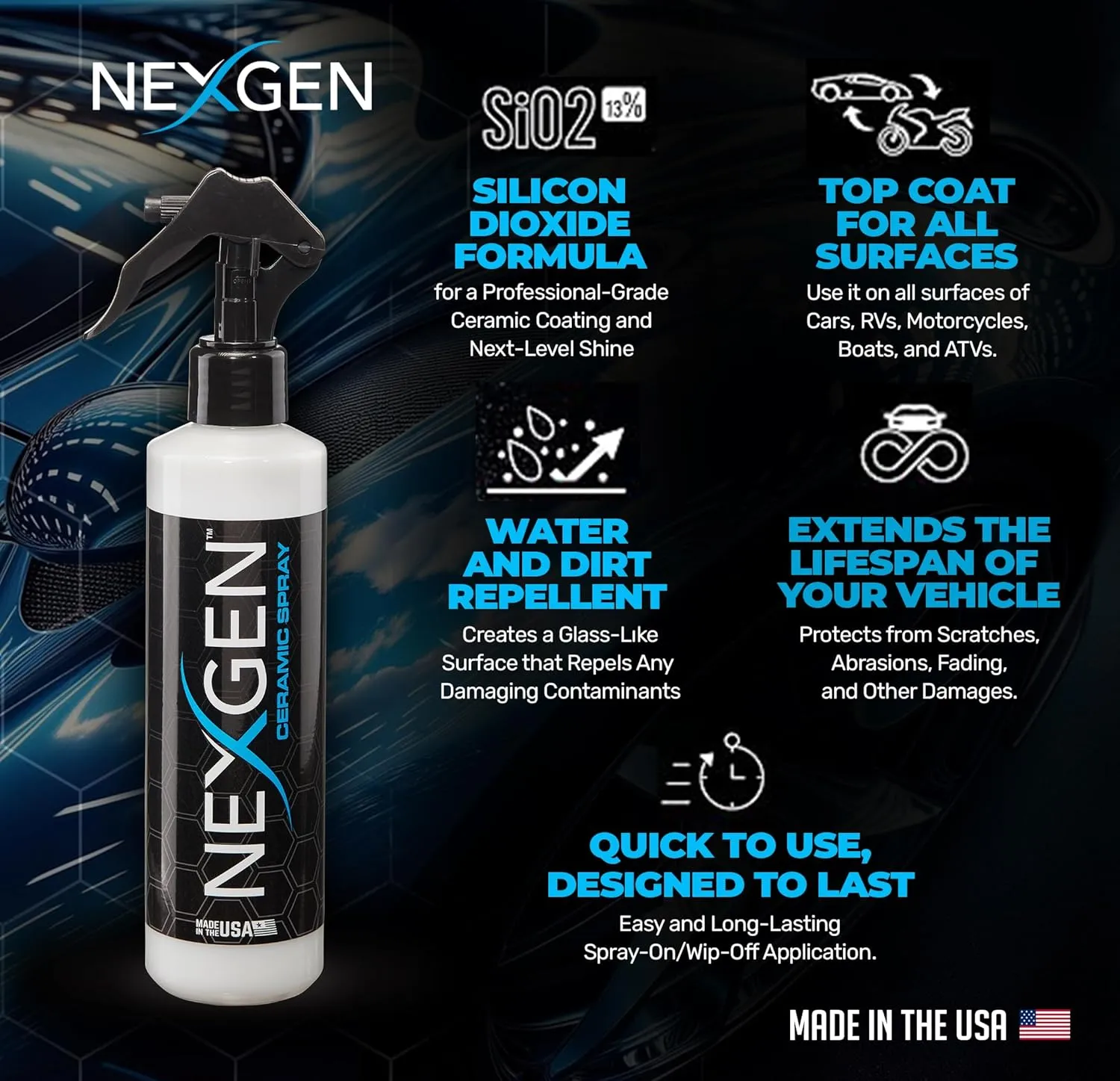 Nexgen Ceramic Spray Silicon Dioxide — Easy to Apply, Ceramic Coating Spray — Professional-Grade Protective Sealant Polish for Cars, RVs, Motorcycles, Boats, and ATVs — 8oz Bottle