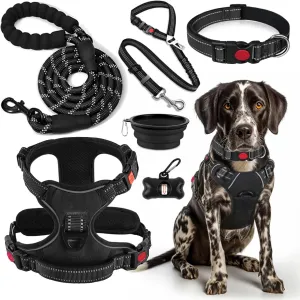 No Pull Dog Harness, Collar & Leash Set | Includes Dog Seat Belt, Collapsible Bowls & Poop Bag Dispenser. Ideal for Training, Walking, Hiking. Fits Small to Large Dogs(Black-L)