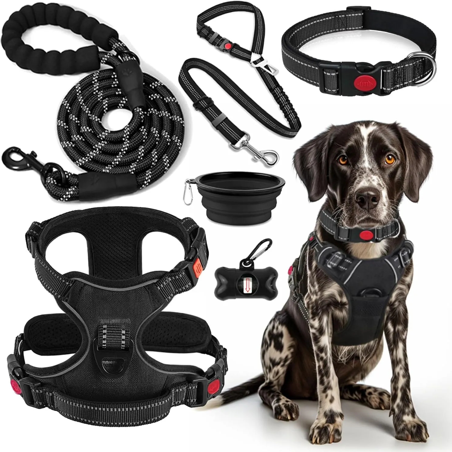 No Pull Dog Harness, Collar & Leash Set | Includes Dog Seat Belt, Collapsible Bowls & Poop Bag Dispenser. Ideal for Training, Walking, Hiking. Fits Small to Large Dogs(Black-L)