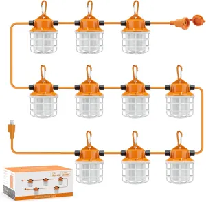 NS 100FT Construction String Lights 150W LED Industrial Grade 15000LM Super Bright for Construction Sites, Temporary Work, Renovation, Jobsite,and All Outdoor Lighting, with 10 Bulbs and Climbing Hook