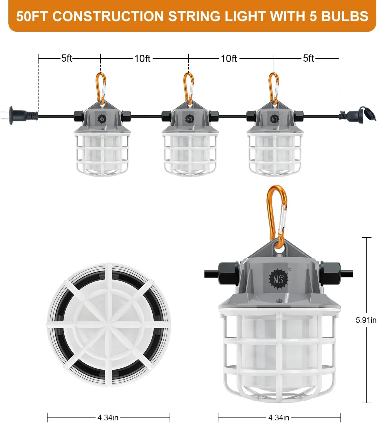 NS 50FT Construction String Lights 75W 7500LM LED String Work Lights Industrial Grade Best for Construction Sites, Renovation, Mine cave,Patio,Walkways and Other Outdoor Lighting