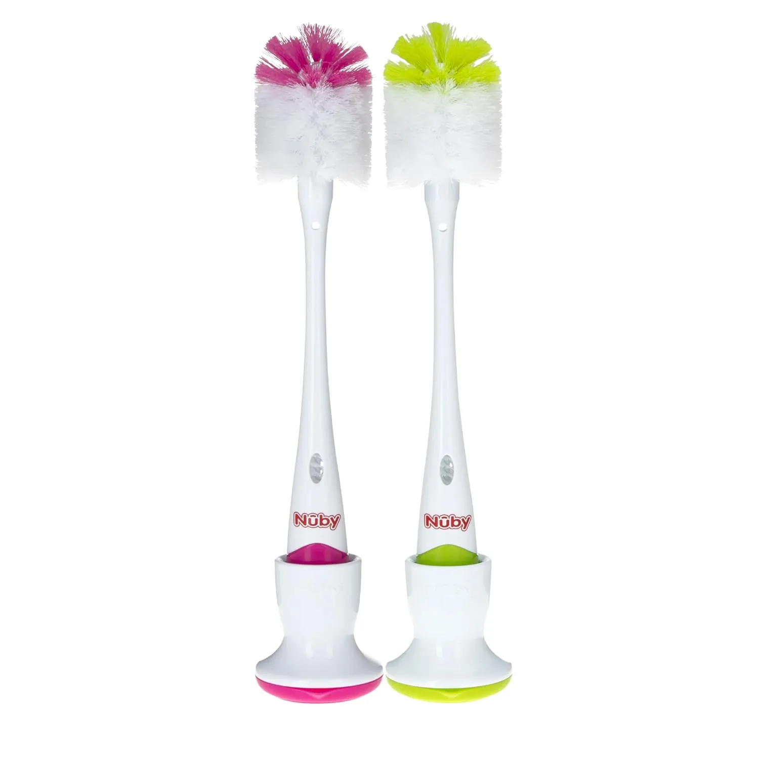 Nuby Bottle and Nipple Brush with Soft Bristles | 2 Pack: Blue & Grey or Pink & Lime | Accessory Cleaning Brush and Drying Stand