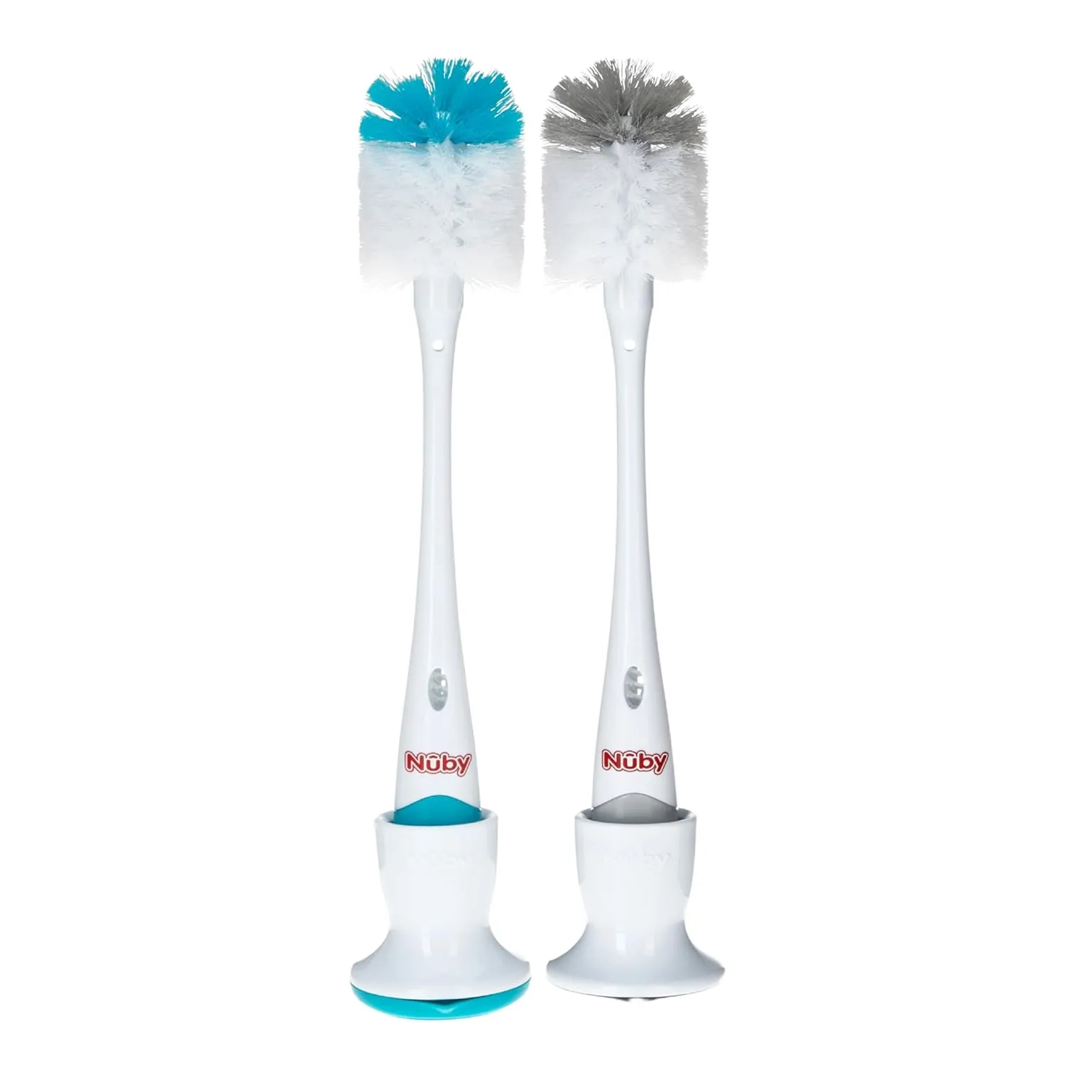 Nuby Bottle and Nipple Brush with Soft Bristles | 2 Pack: Blue & Grey or Pink & Lime | Accessory Cleaning Brush and Drying Stand