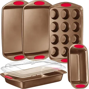 NutriChef 5-Piece Baking Pan Set - Carbon Steel Stackable Bakeware with Red Silicone Handles & Nonstick Coating, Includes Cookie Sheets, Roaster Pan with Lid, Loaf Pan, and 12 Cup Muffin Pan (Gold)