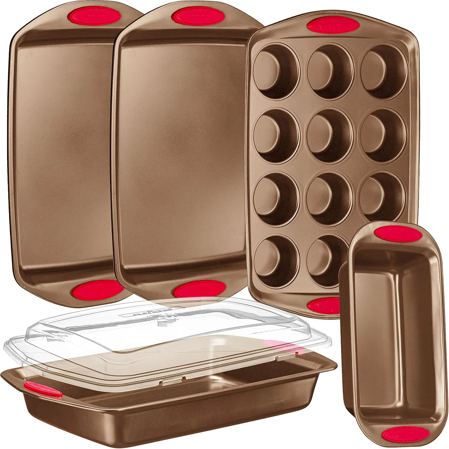 NutriChef 5-Piece Baking Pan Set - Carbon Steel Stackable Bakeware with Red Silicone Handles & Nonstick Coating, Includes Cookie Sheets, Roaster Pan with Lid, Loaf Pan, and 12 Cup Muffin Pan (Gold)