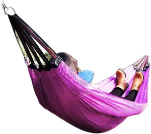 Nylon Ice Silk Camping Hammock,Cool Breathable Mesh Hammocks for OutdoorIndoor Patio Backyard for Backpacking Beach (Color : Purple, Size : with Carabiner 3m Strap)