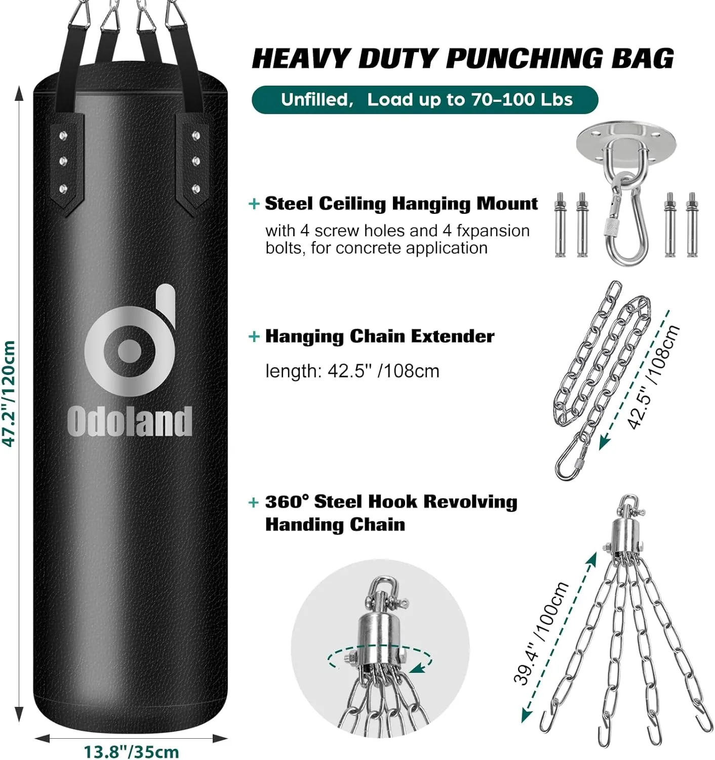 Odoland Punching Bag Set for Adults, 4FT PU Heavy Boxing Bag with 12OZ Boxing Gloves, Hand Wraps, Hanging Chains for MMA Karate Kickboxing Martial Art Home Gym Trainging - Unfilled