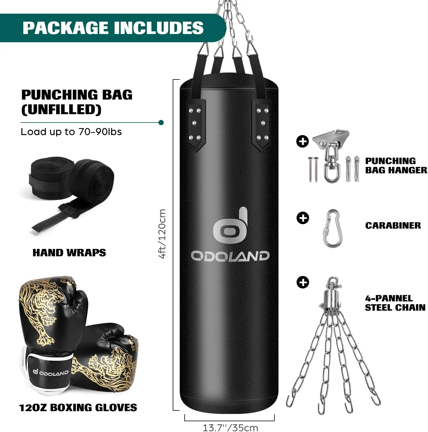 Odoland Punching Bag Set for Adults, 4FT PU Heavy Boxing Bag with 12OZ Boxing Gloves, Hand Wraps, Hanging Chains for MMA Karate Kickboxing Martial Art Home Gym Trainging - Unfilled