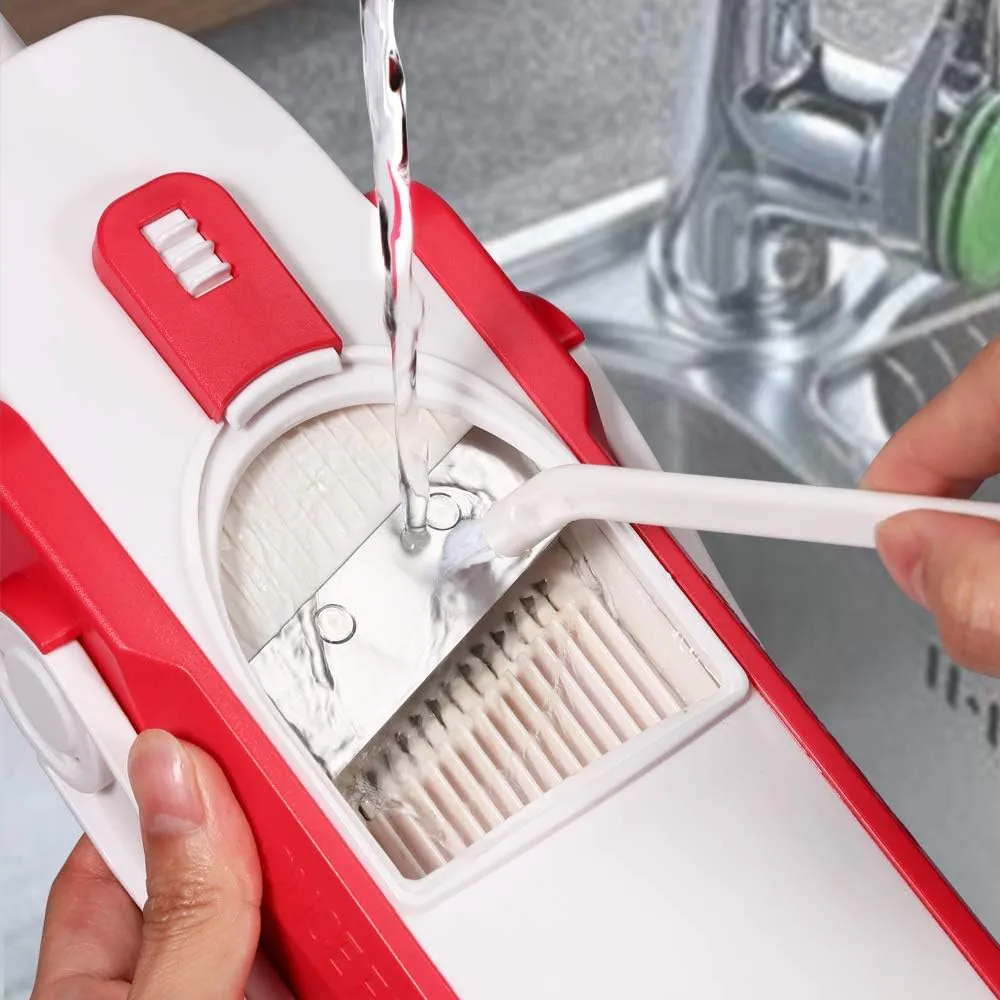 ONCE FOR ALL Safe Mandoline Slicer 5 in 1 Vegetable Cutter, Strips Julienne Dicer Adjustable Thickness 0.1-8 mm for Kitench Fast Meal Prep (Red)
