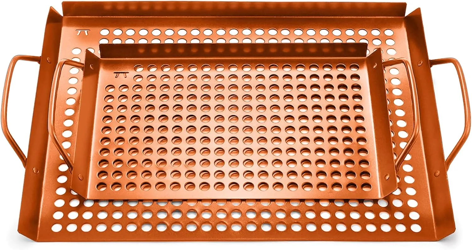 Outset QN76 Copper Grid Set Non-Stick Grilling Tray, Set of 2, 7" x 11" and 14" x 11"