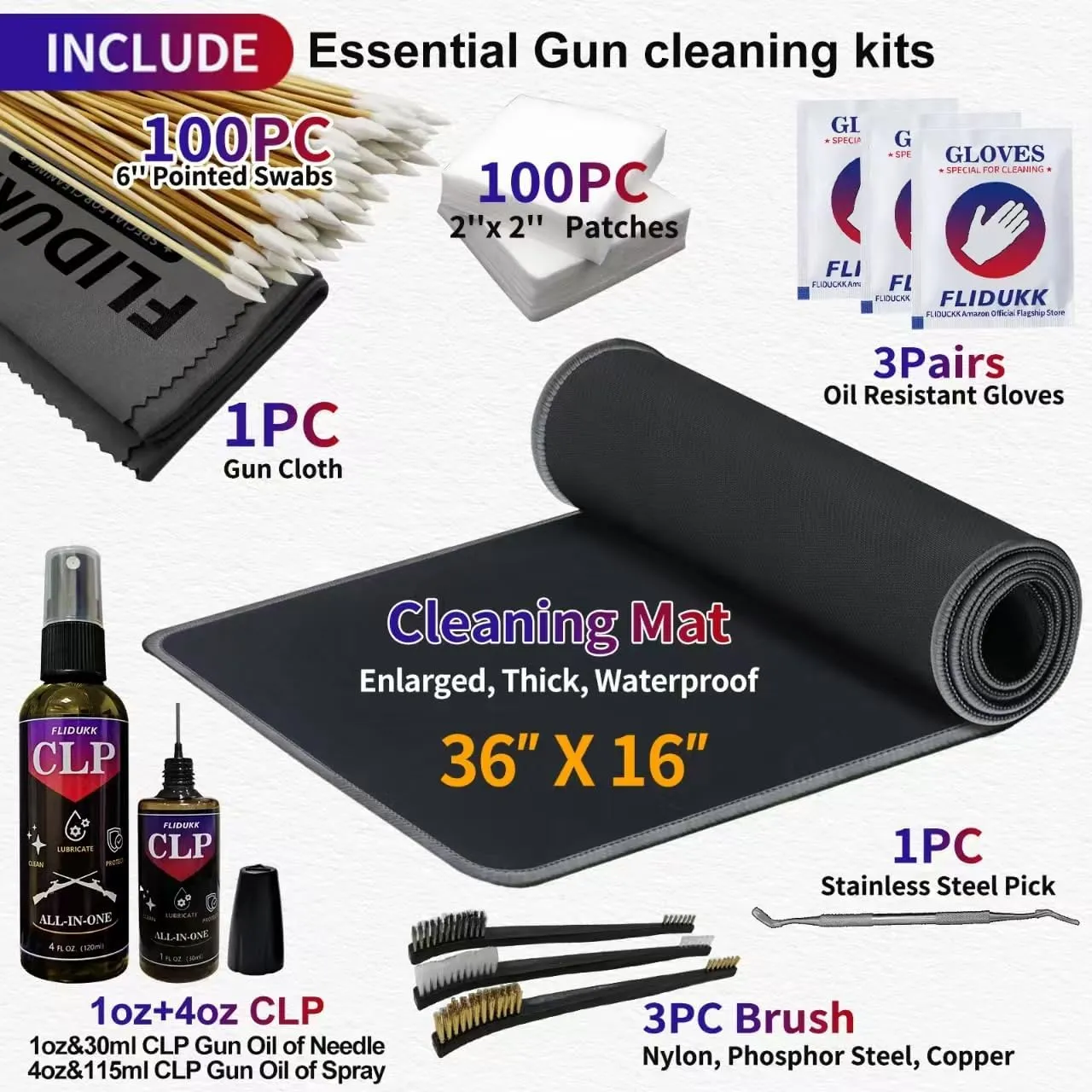 Oversized Mat/ 12Ga /9mm / 5.56mm Bore Cleaner  CLP Oil Gun Cleaning Kit,Gun Cleaning Supplies with Gun Snake,Gun Cleaning Patches,6-inch Swab,Gun Brushes,Cleaning Pick,Gun Cloth,Pad